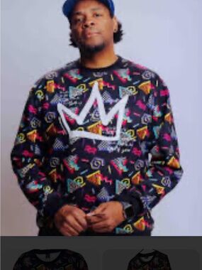 Men's Screenshot Black Graphic Crewneck Sweater with Multicolor Print L